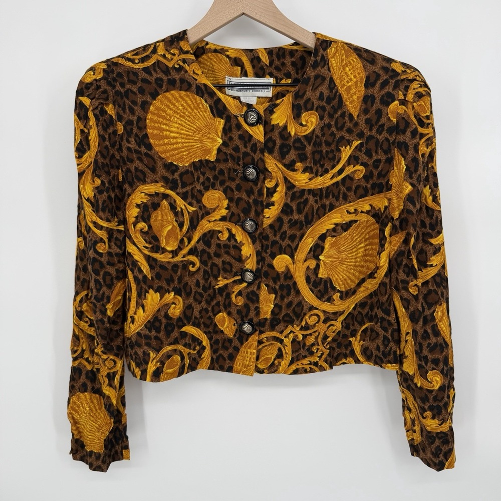 Vtg 80s Sz ‎ 10* Jessica Howard Leopard & Baroque Clam Shell Crop Button Shirt